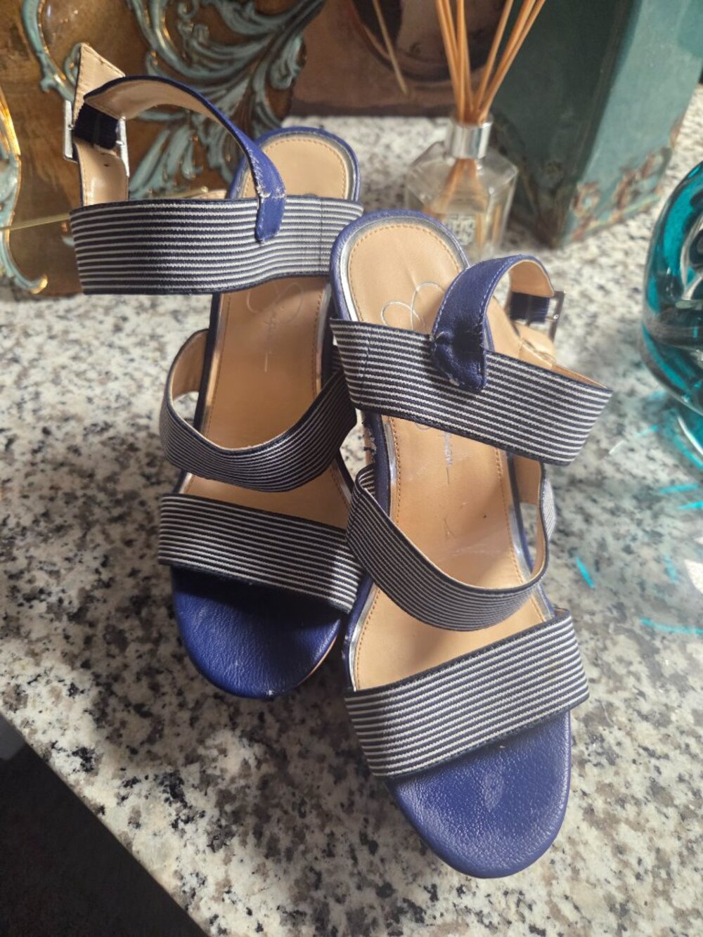Jessica Simpson Navy Striped Wedge Sandals – Women’s 7.5 | Cork Wedge | Summer